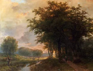 A Wooded River Valley with Peasants on a Path, Cattle in a Meadow Beyond