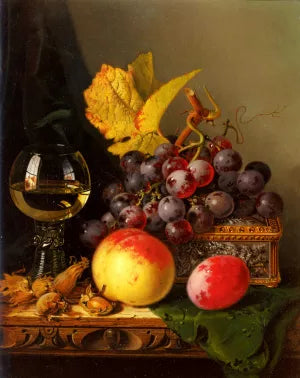 A Still Life of Black Grapes, a Peach, a Plum, Hazelnuts, a Metal Casket and a Wine Glass on a Carved Wooden Ledge