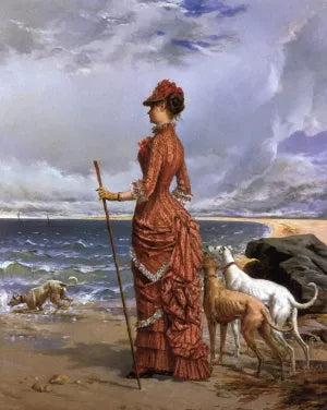 Elegant Lady Walking Her Greyhounds on the Beach